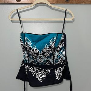 NWT WHBM Stencil Print Black w/Lagoon Bustier Top